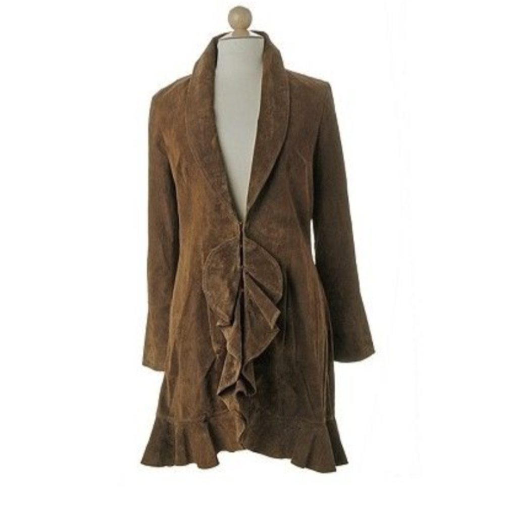 SUZANNE SOMERS*plain collared hook/eye closure ruffle bottom jacket/coat sz. M